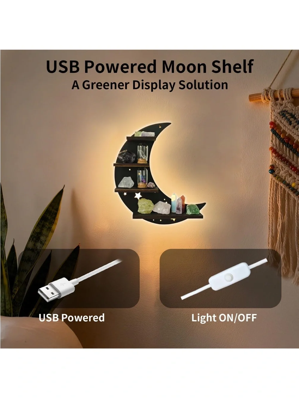 Moon Crescent Floating Wall Shelf with Backlight